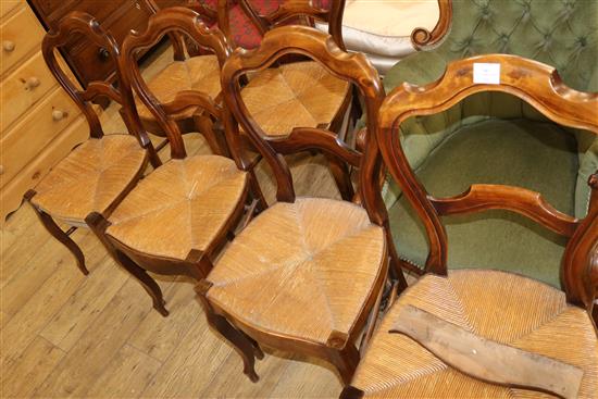 A set of six 19th century French stained beech rush seated dining chairs